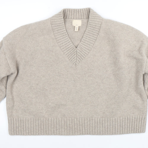H&M Women’s Beige Wool V-Neck Knit Pullover Jumper Size M