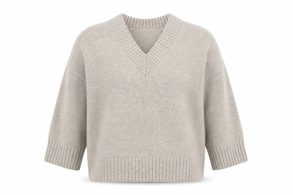 Front view of H&M Women’s Beige Wool V-Neck Knit jumper, size M