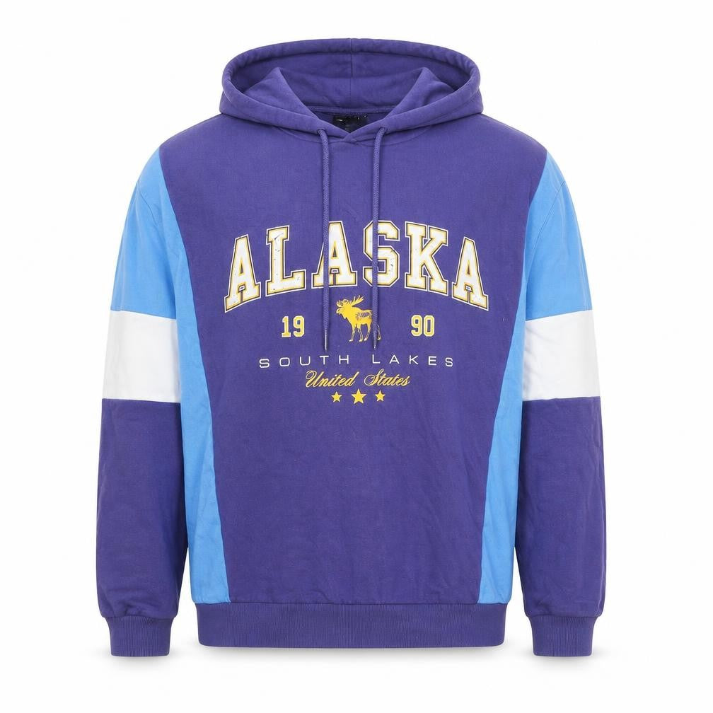 Front view of ASOS Design men’s blue alaska 1990 pullover hoodie, size L, cotton blend