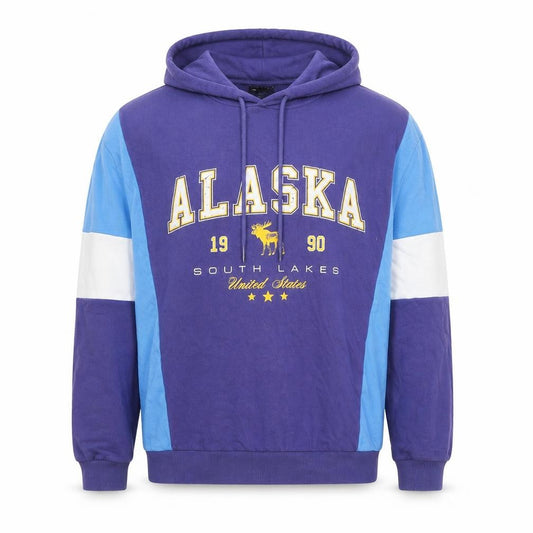 Front view of ASOS Design men’s blue alaska 1990 pullover hoodie, size L, cotton blend
