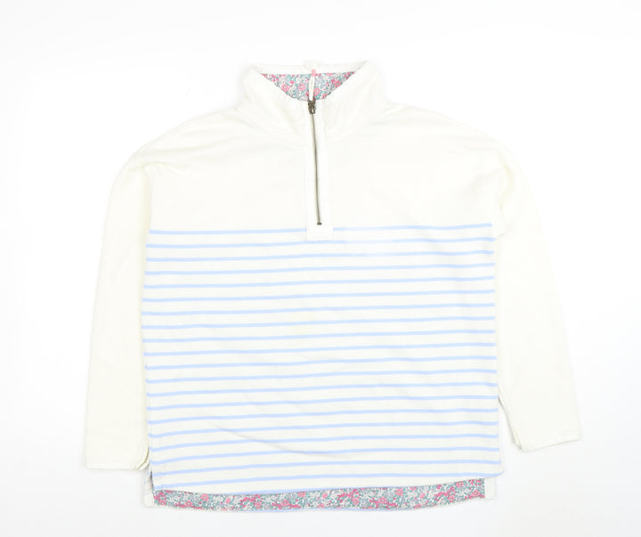 Joules Women White Blue Striped 1/2 Zip Sweatshirt UK 12 Cotton Fleece