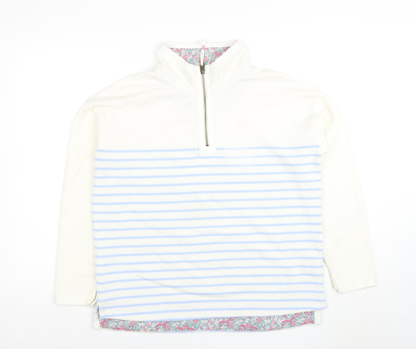 Joules Women White Blue Striped 1/2 Zip Sweatshirt UK 12 Cotton Fleece