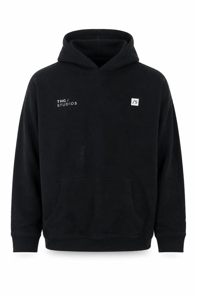 Front view of THG Studios Men's Black Pullover Hoodie, size S, Logo Graphic