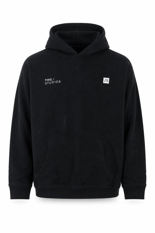 Front view of THG Studios Men's Black Pullover Hoodie, size S, Logo Graphic