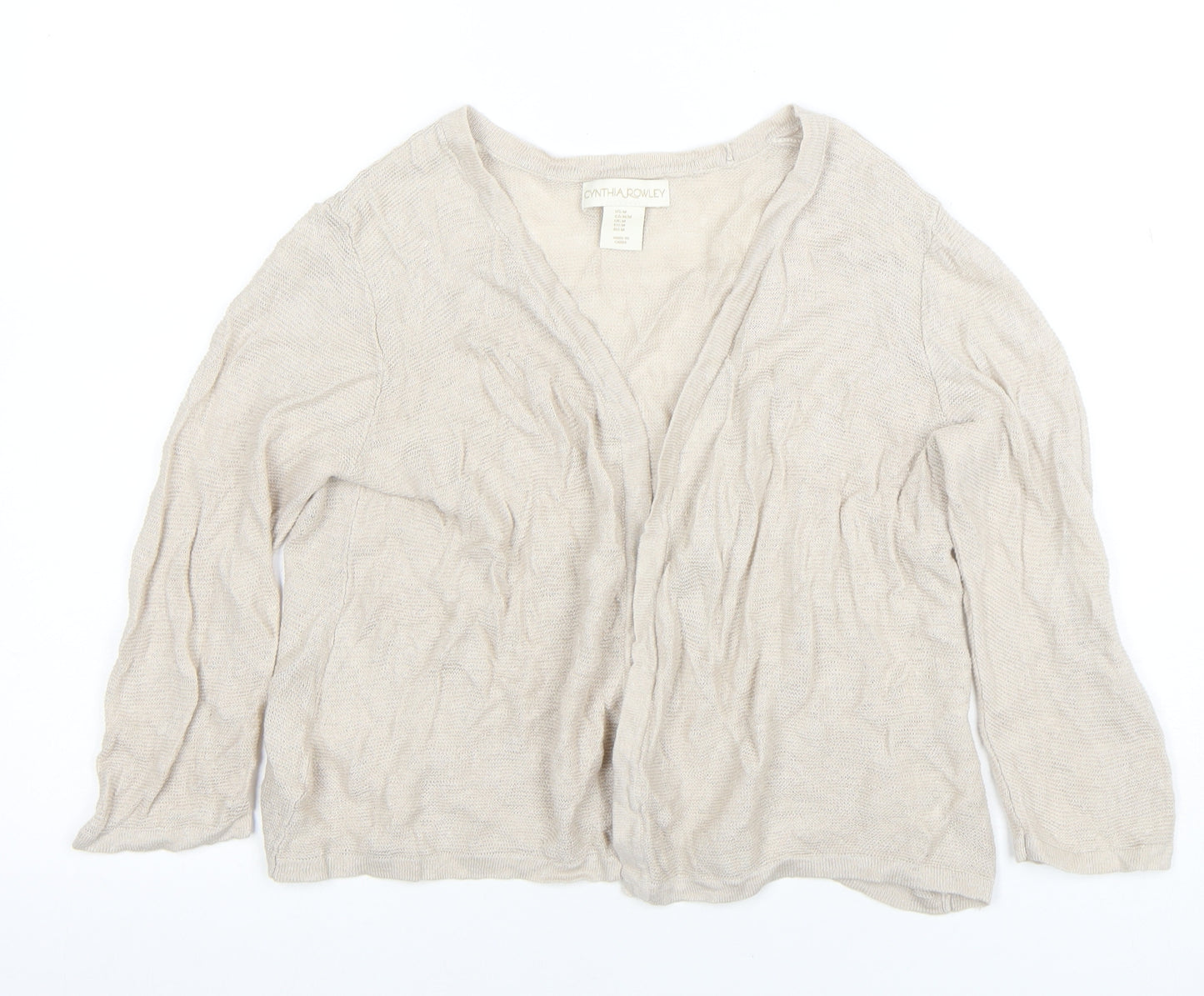 Cynthia Rowley Women Beige Linen Knit V-Neck Long Sleeve Top M
