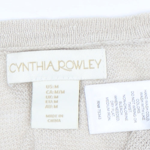 Cynthia Rowley Women Beige Linen Knit V-Neck Long Sleeve Top M