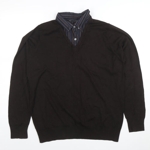 Marks and Spencer Men's Brown V-Neck Long Sleeve Polo Jumper Medium