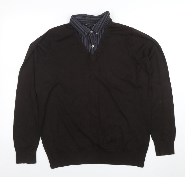 Marks and Spencer Men's Brown V-Neck Long Sleeve Polo Jumper Medium