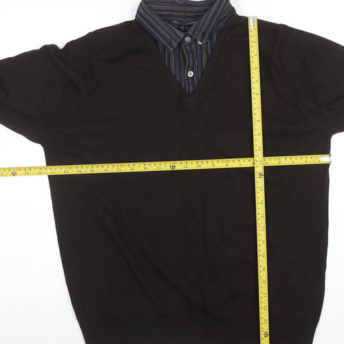 Marks and Spencer Men's Brown V-Neck Long Sleeve Polo Jumper Medium