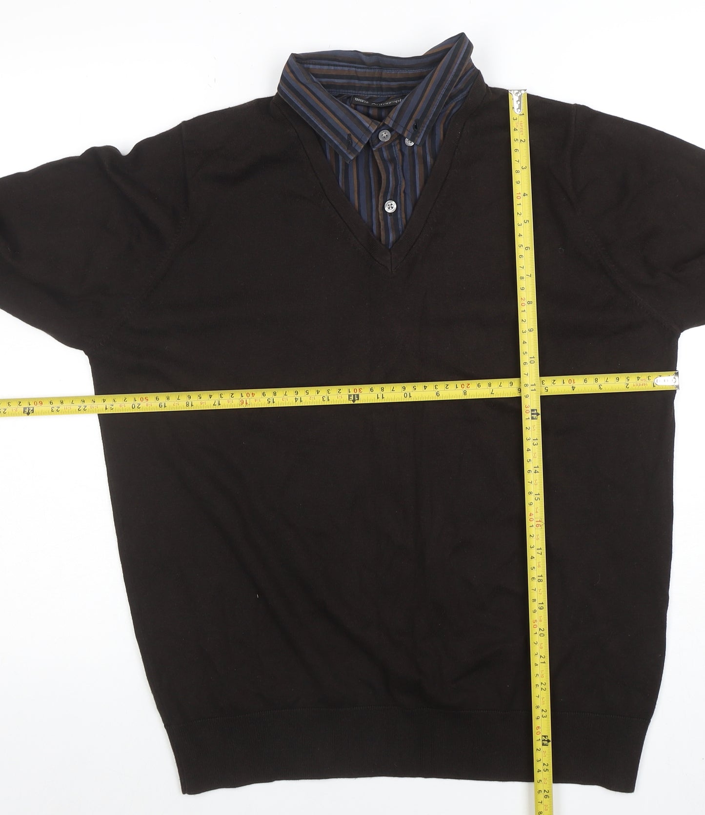 Marks and Spencer Men's Brown V-Neck Long Sleeve Polo Jumper Medium