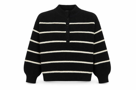 Front view of Nobody’s Child Women Black White Striped Henley Jumper, size L