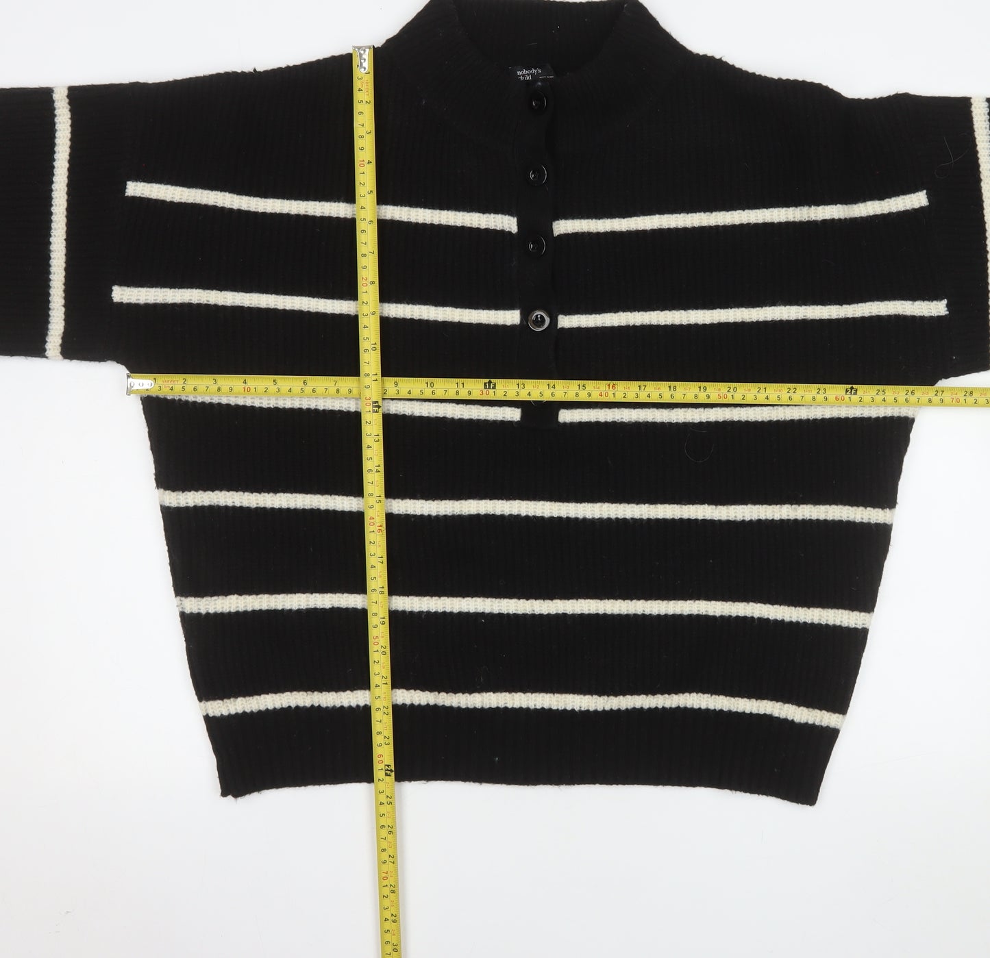 Nobody’s Child Women Black White Striped Henley Jumper Size L