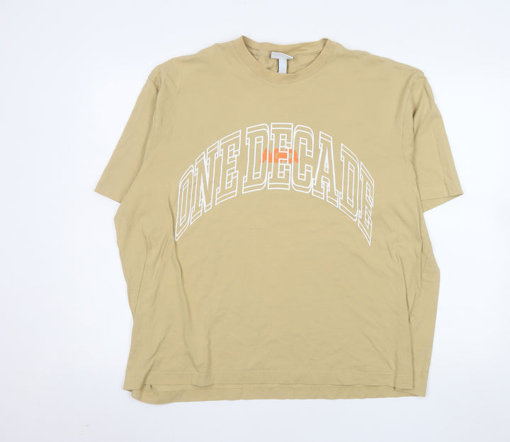 H&M Men's Beige XL Relaxed Fit Graphic College T-Shirt