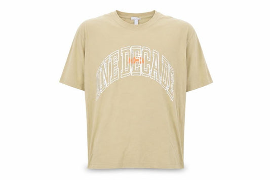 Front view of H&M Men's Beige XL Relaxed Fit Graphic College T-Shirt