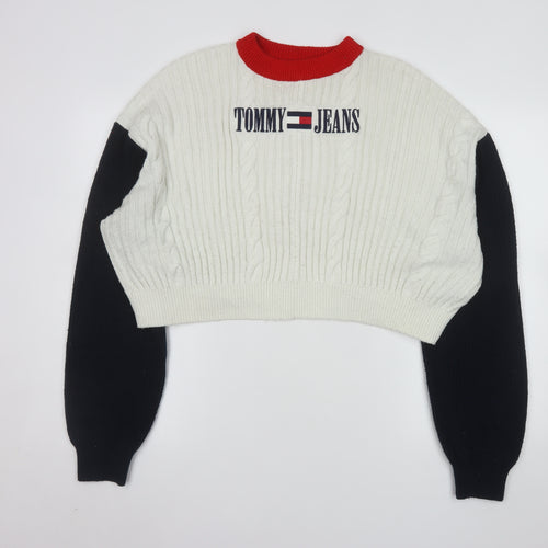 Tommy Jeans Women’s White Cable-Knit Crew Neck Logo Jumper XL