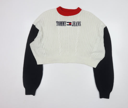 Tommy Jeans Women’s White Cable-Knit Crew Neck Logo Jumper XL