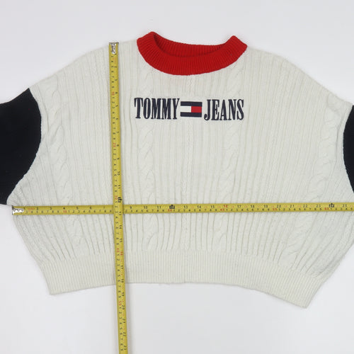 Tommy Jeans Women’s White Cable-Knit Crew Neck Logo Jumper XL