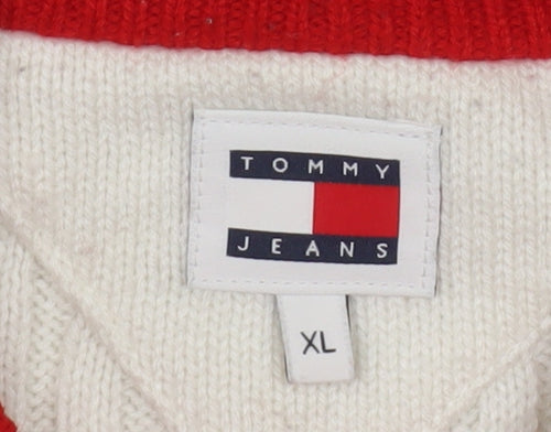 Tommy Jeans Women’s White Cable-Knit Crew Neck Logo Jumper XL