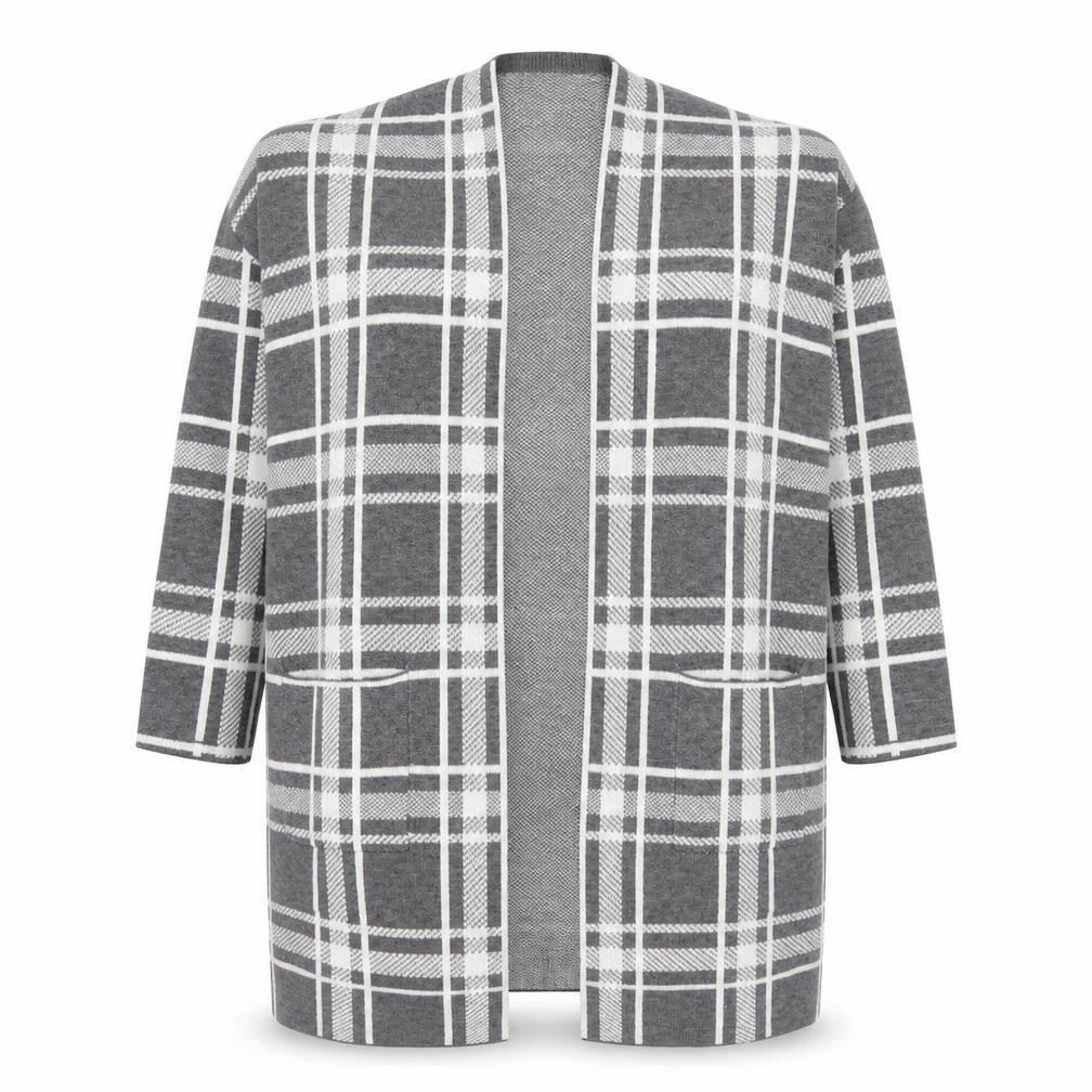 Front view of Bonmarché Women’s Grey Check Longline Cardigan, size UK 16