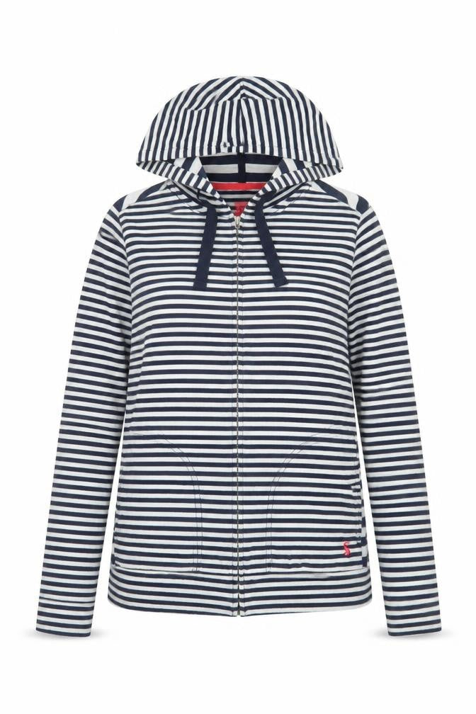 Front view of Joules Women's Blue Striped Hooded Full Zip Jacket, size 6