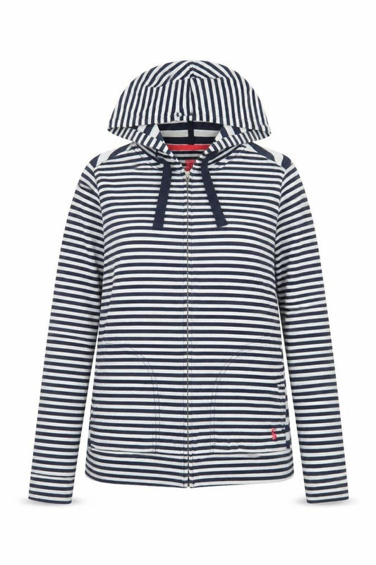 Front view of Joules Women's Blue Striped Hooded Full Zip Jacket, size 6