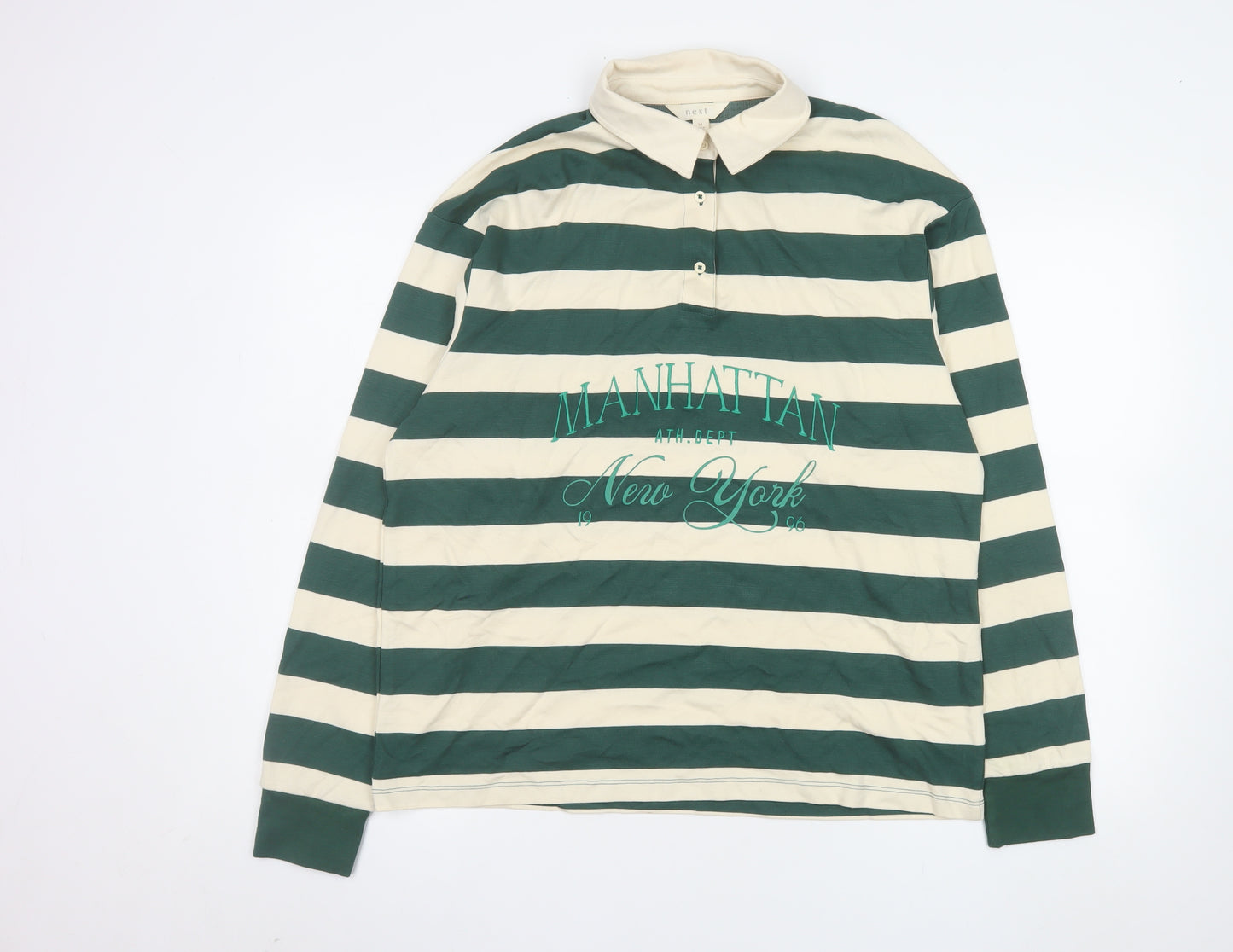 Next Men's Green & Beige Striped Long Sleeve Polo Shirt M