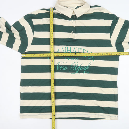 Next Men's Green & Beige Striped Long Sleeve Polo Shirt M