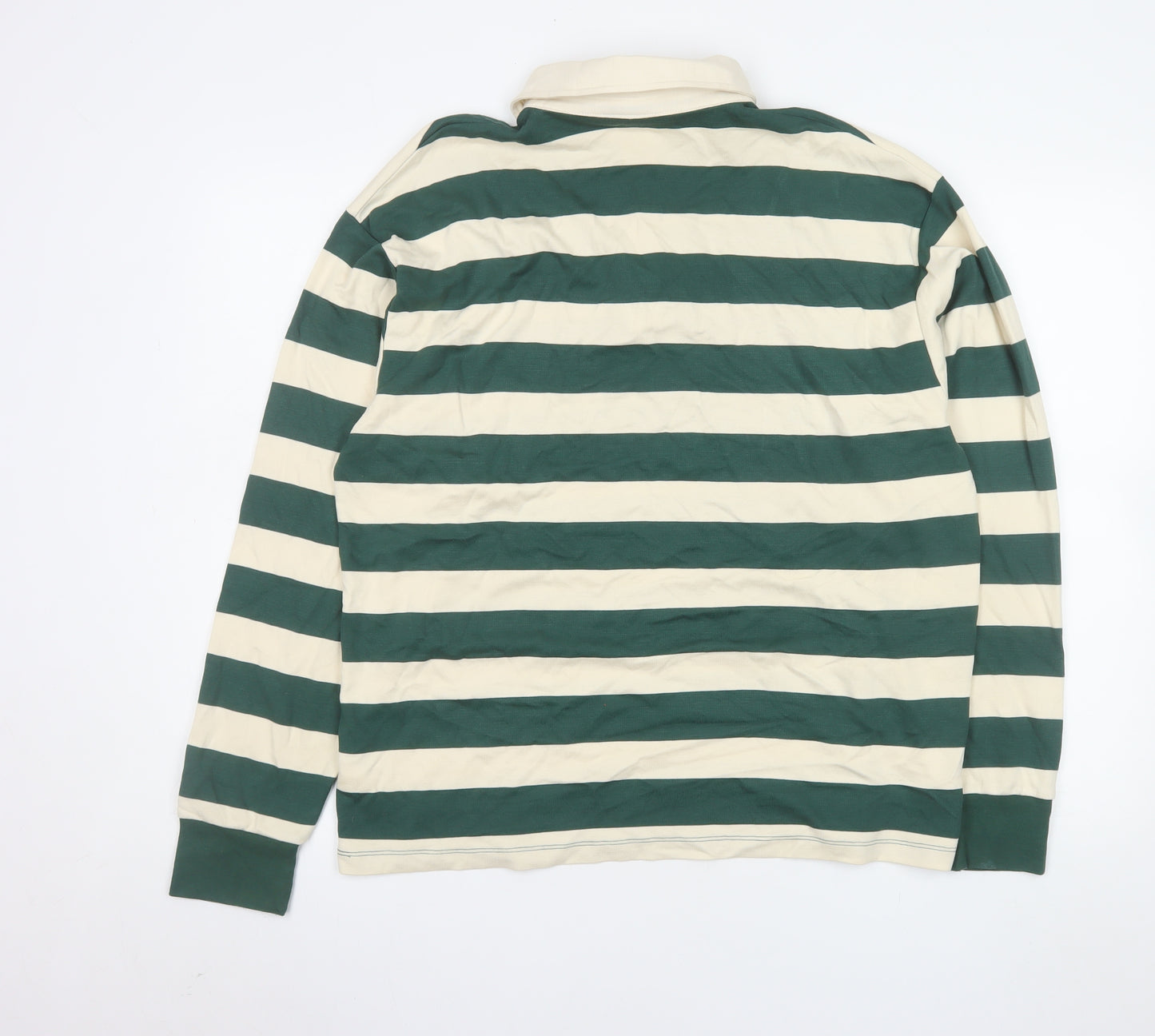 Next Men's Green & Beige Striped Long Sleeve Polo Shirt M