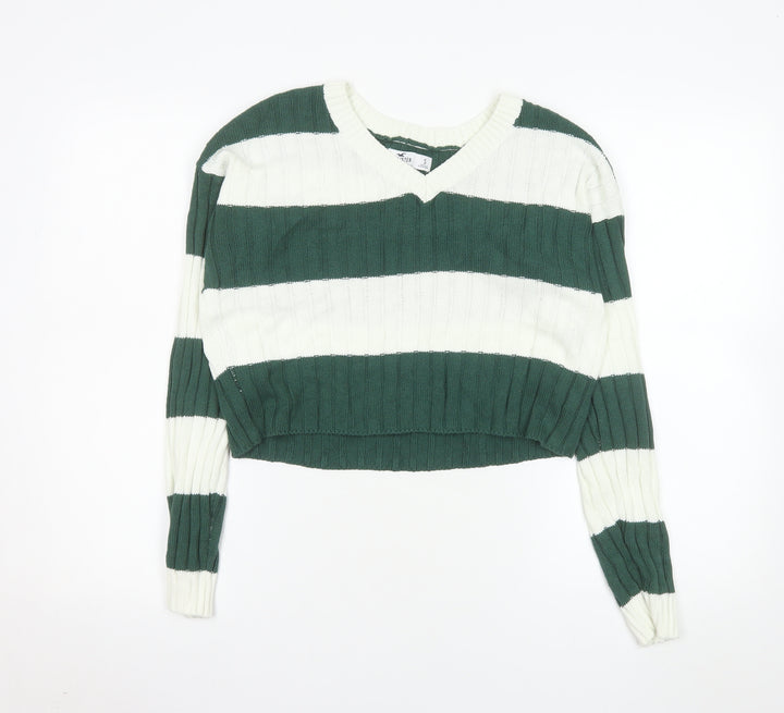 Hollister Women's Green White Striped Knit V-Neck Jumper Size S