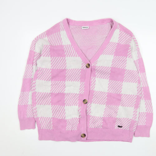 Noisy May Women Pink Check Knit Cardigan L Cotton V-Neck Classic