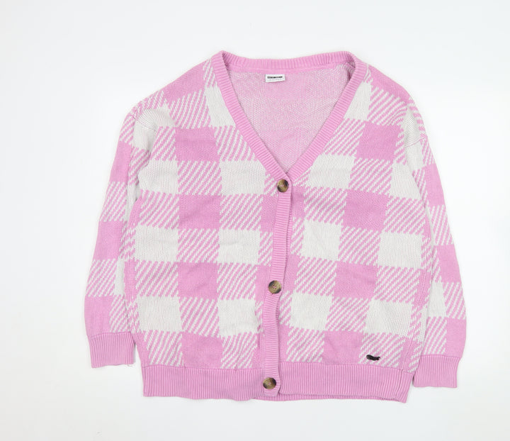 Noisy May Women Pink Check Knit Cardigan L Cotton V-Neck Classic
