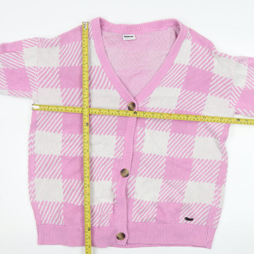 Noisy May Women Pink Check Knit Cardigan L Cotton V-Neck Classic