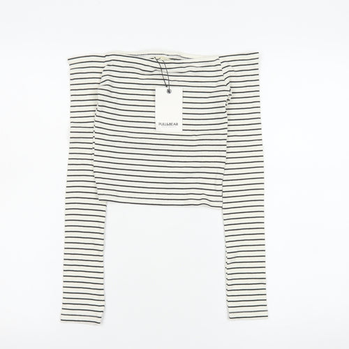 Pull&Bear Women's White Striped Cropped Off Shoulder Top Size 8