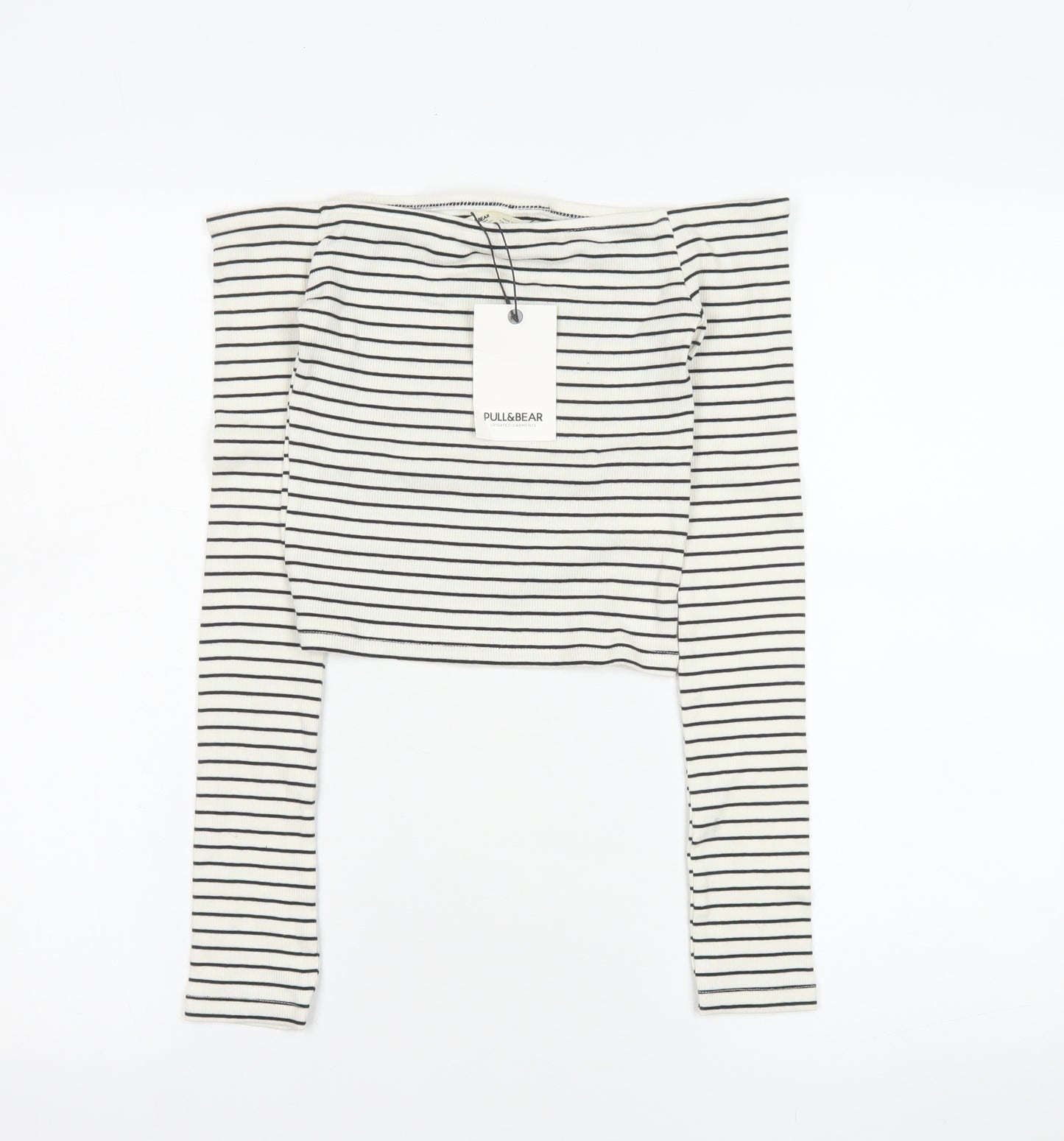 Pull&Bear Women's White Striped Cropped Off Shoulder Top Size 8