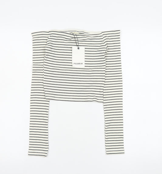 Pull&Bear Women's White Striped Cropped Off Shoulder Top Size 8