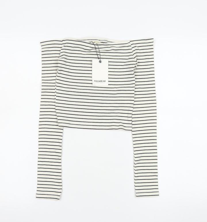 Pull&Bear Women's White Striped Cropped Off Shoulder Top Size 8