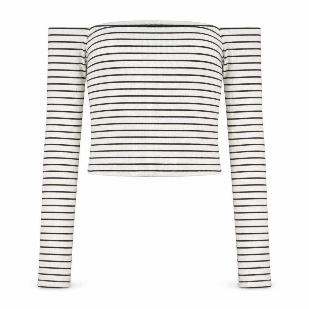 Front view of Pull&Bear Women's White Striped Cropped Off Shoulder Top, size 8
