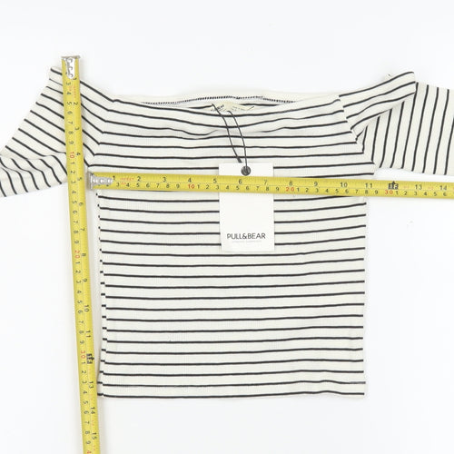 Pull&Bear Women's White Striped Cropped Off Shoulder Top Size 8