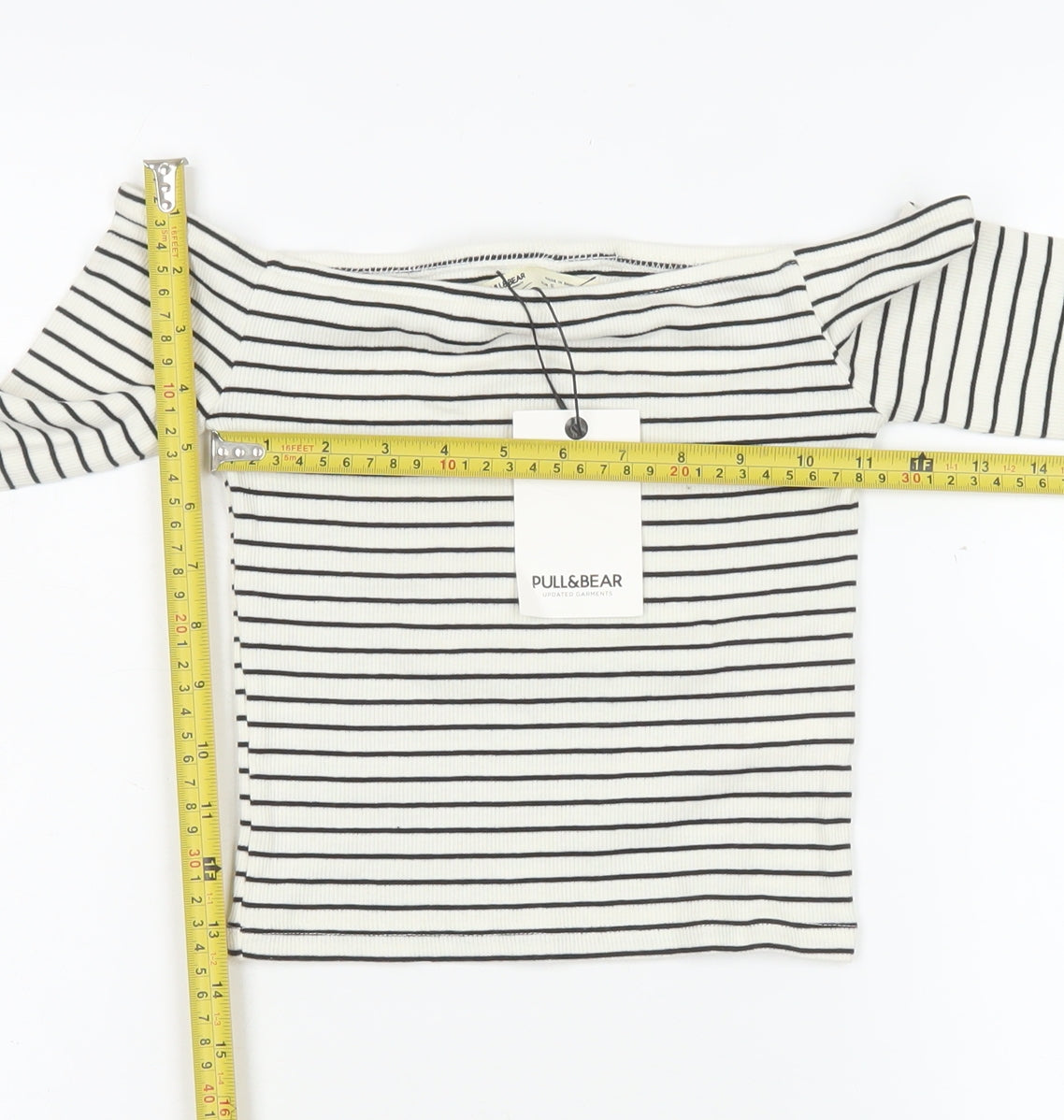 Pull&Bear Women's White Striped Cropped Off Shoulder Top Size 8