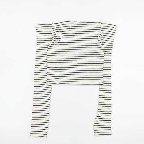 Pull&Bear Women's White Striped Cropped Off Shoulder Top Size 8