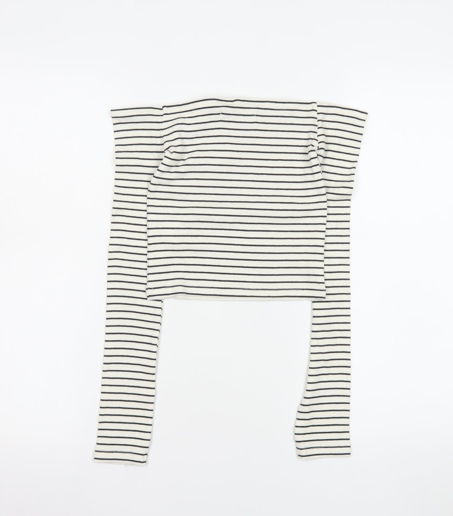 Pull&Bear Women's White Striped Cropped Off Shoulder Top Size 8