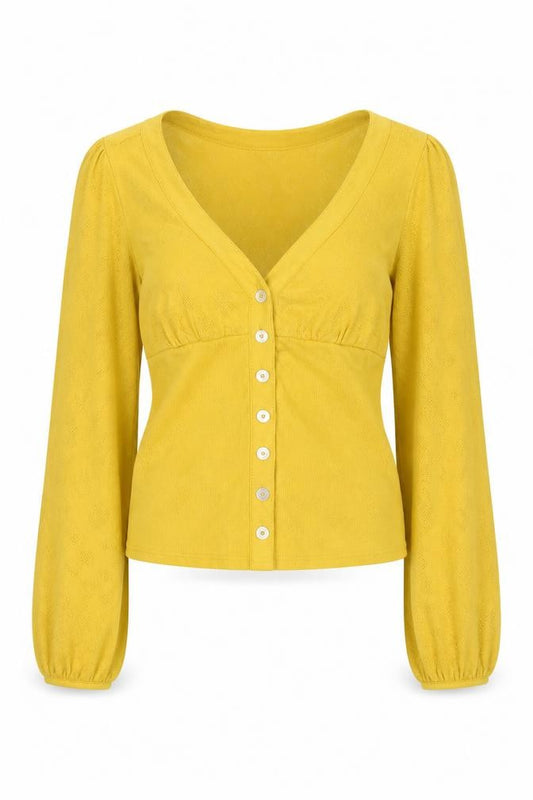 Front view of Miss Selfridge Women’s Yellow Cotton Cropped Button-Up Top, size UK 10
