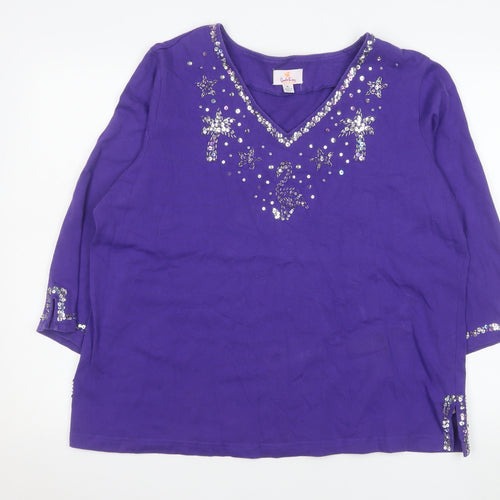 Quacker Factory Women's Purple Sequin 3/4 Sleeve Cotton Top XL