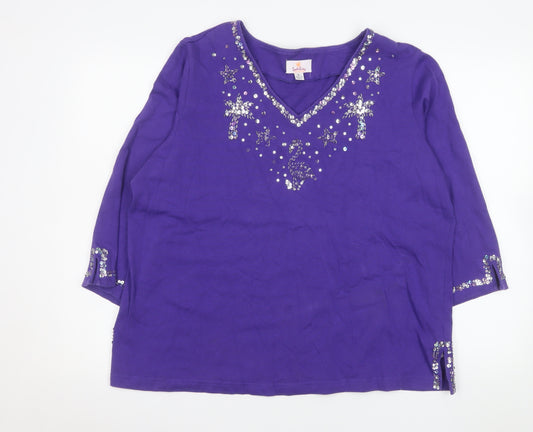 Quacker Factory Women's Purple Sequin 3/4 Sleeve Cotton Top XL