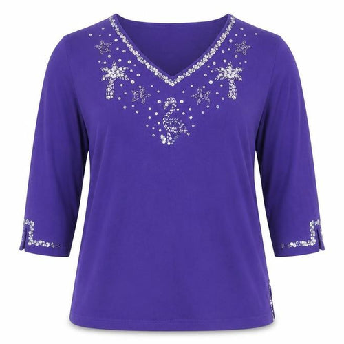 Quacker Factory Women's Purple Sequin 3/4 Sleeve Cotton Top XL