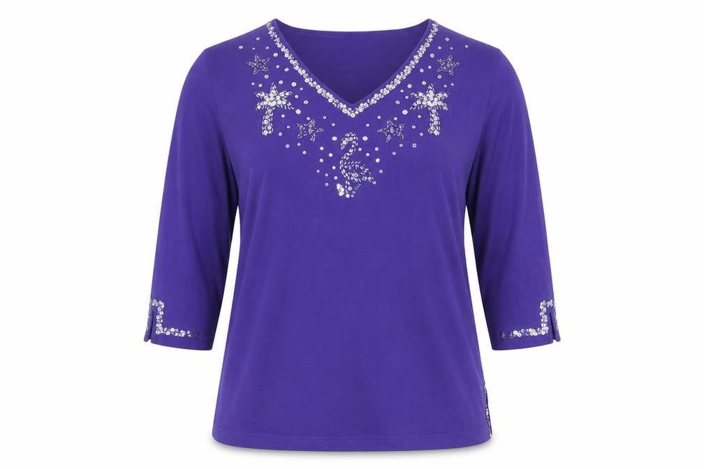 Quacker Factory Women's Purple Sequin 3/4 Sleeve Cotton Top XL