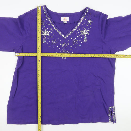 Quacker Factory Women's Purple Sequin 3/4 Sleeve Cotton Top XL