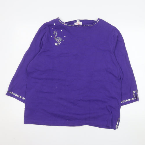 Quacker Factory Women's Purple Sequin 3/4 Sleeve Cotton Top XL
