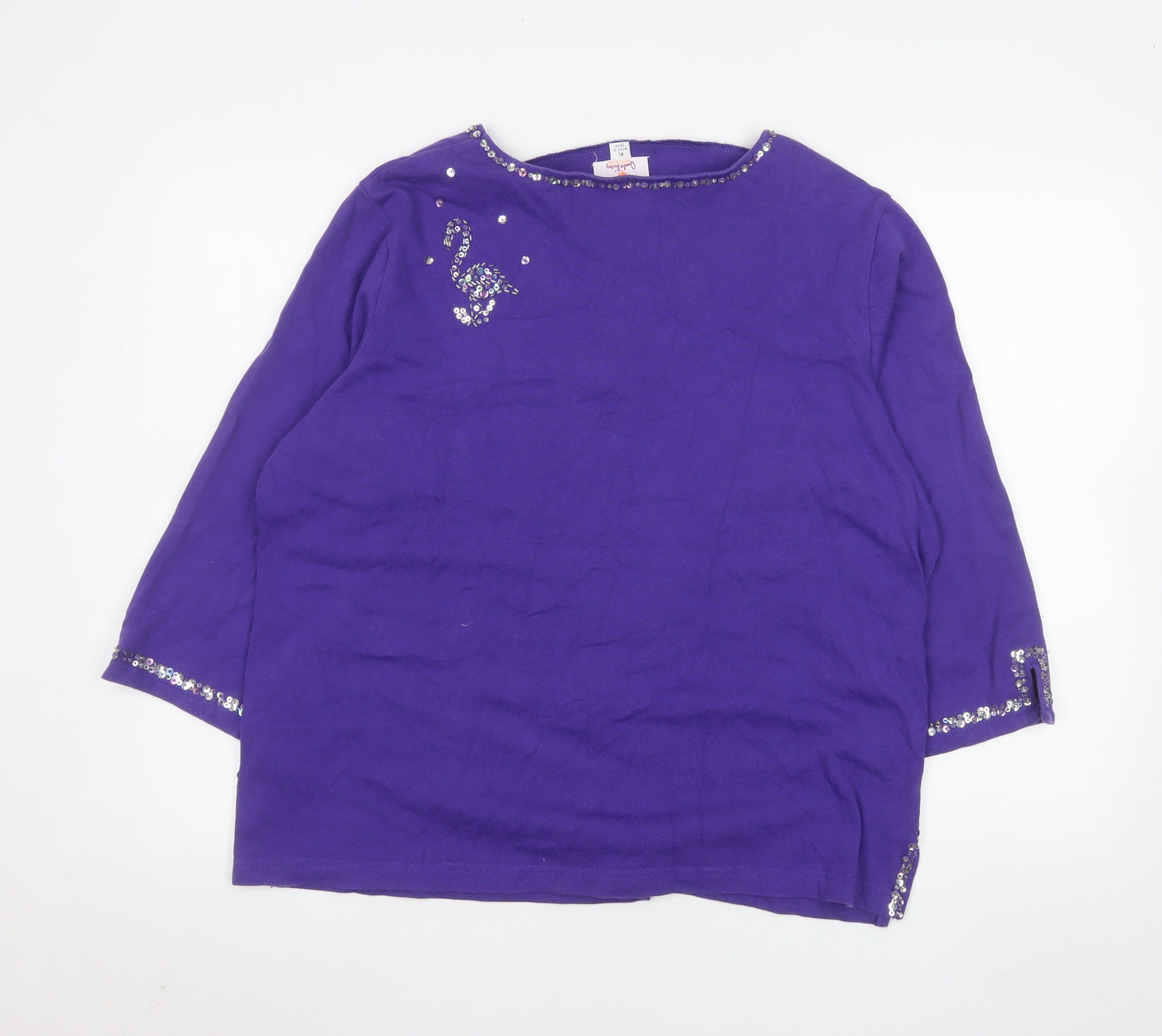 Quacker Factory Women's Purple Sequin 3/4 Sleeve Cotton Top XL