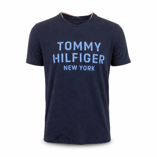 Front view of Tommy Hilfiger Men's Navy Blue Graphic Print Short Sleeve T-Shirt, size S